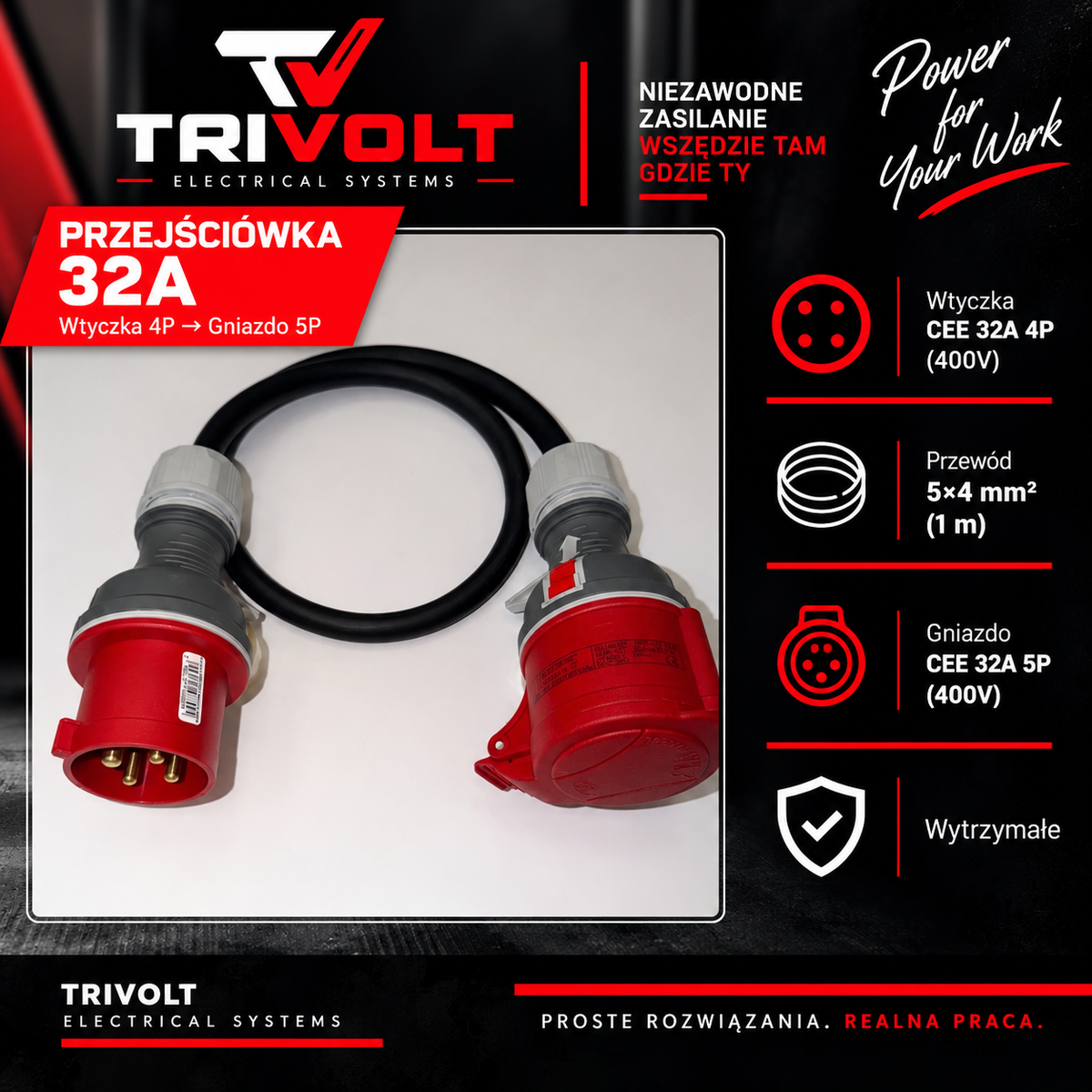 TRIVOLT Przejściówka 32A CEE 4P → CEE 5P 400V – 1 m