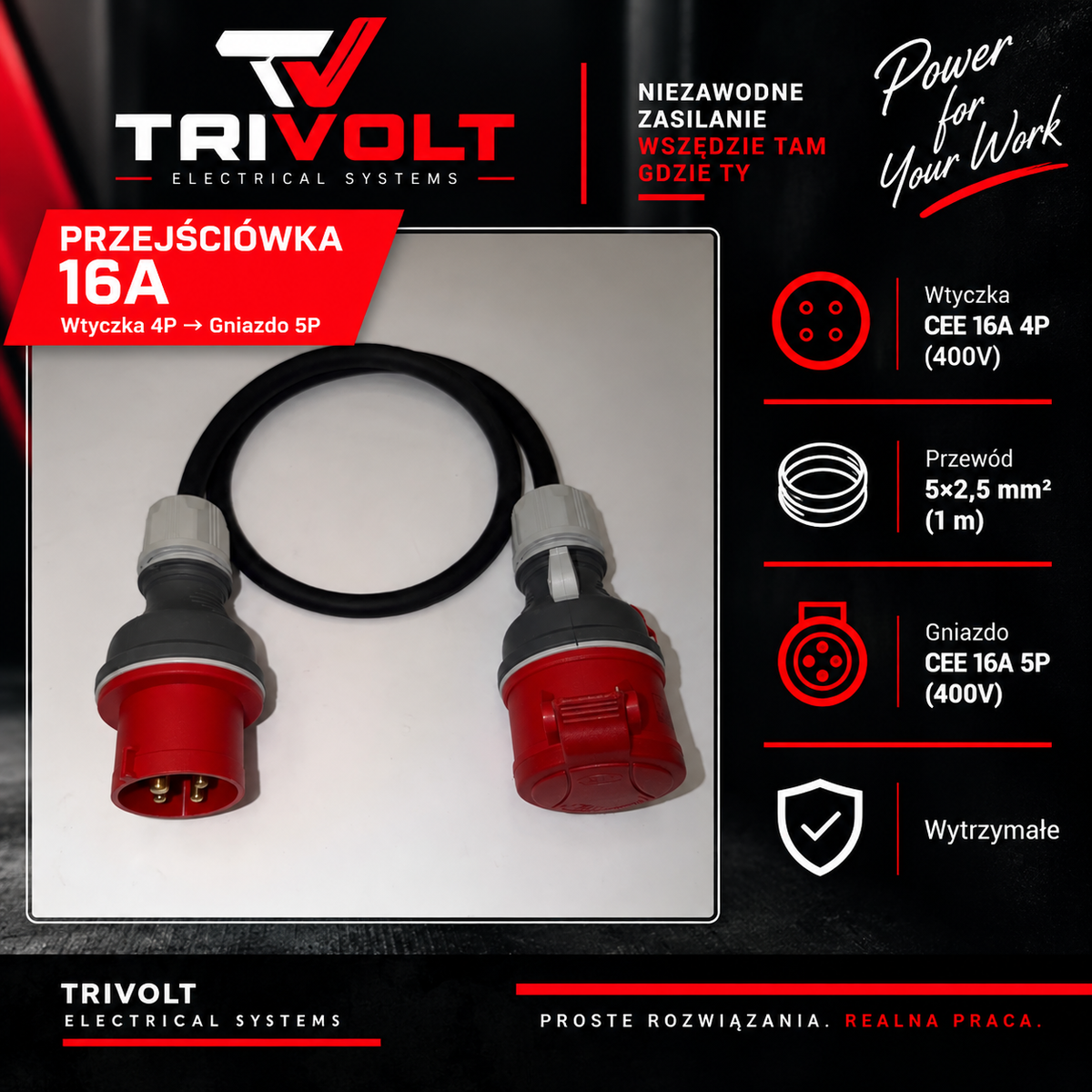 TRIVOLT Przejściówka 16A CEE 4P → CEE 5P 400V – 1 m