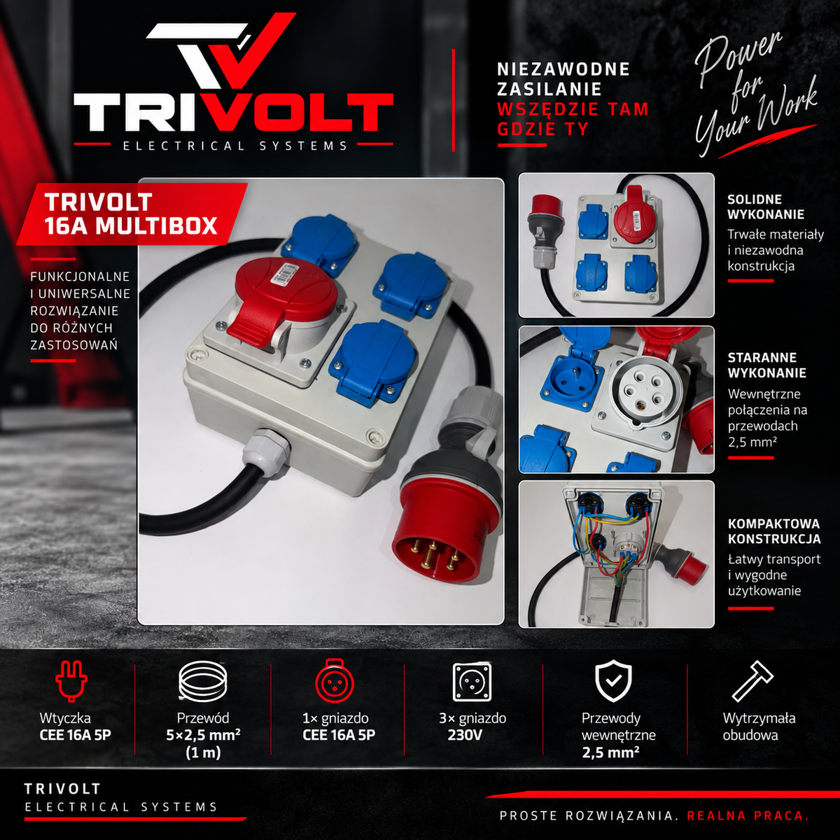 TRIVOLT 16A MULTIBOX – 1× CEE 16A 5P + 3× 230V