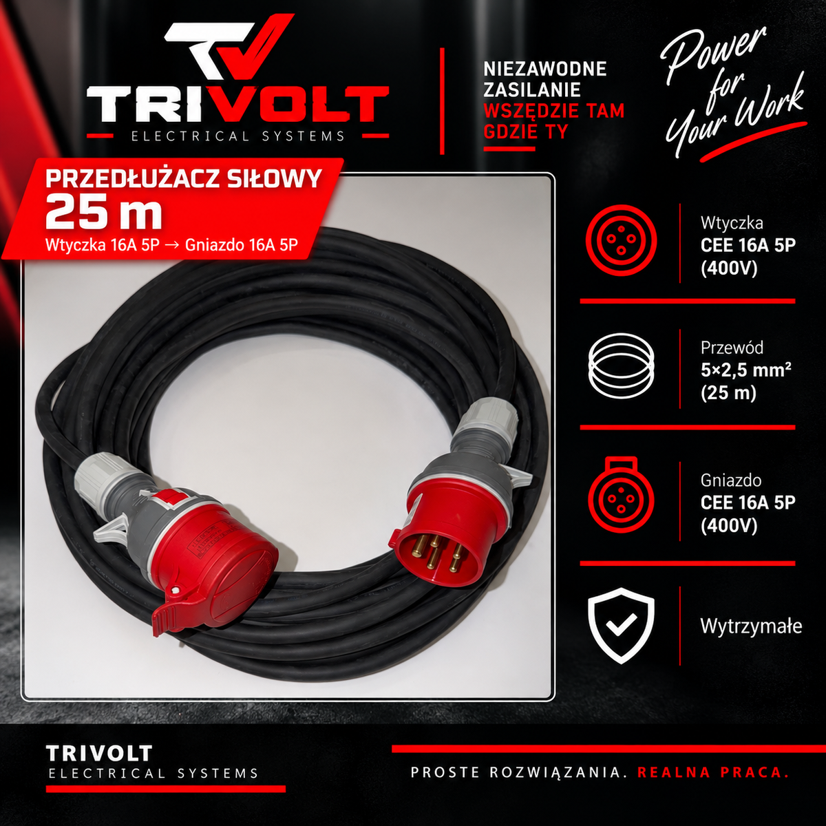 TRIVOLT Przedłużacz Siłowy 16A 5P – 25 m, 5×2,5 mm²