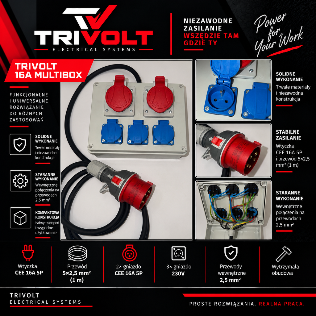TRIVOLT 16A MULTIBOX – 2× CEE 16A 5P + 3× 230V